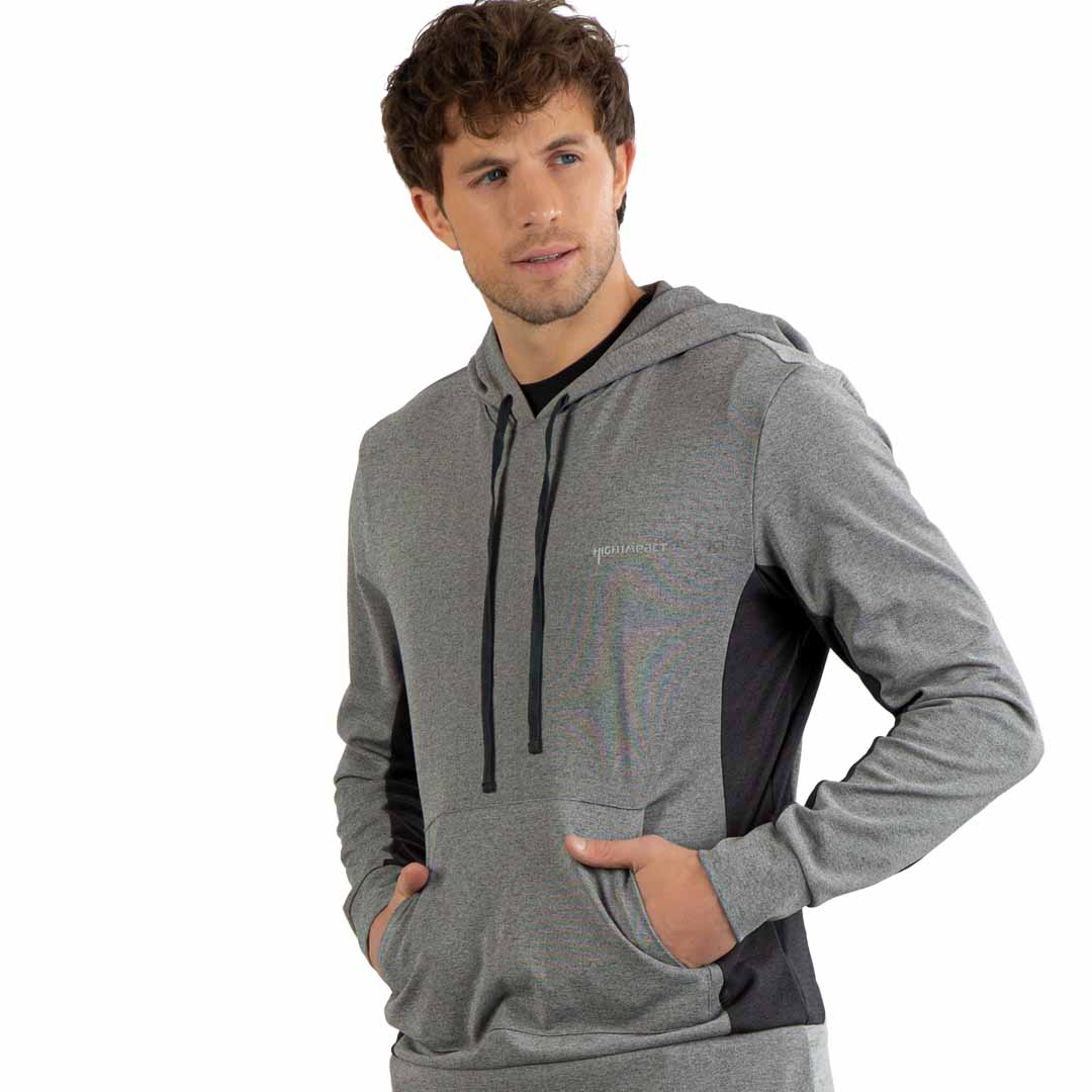 SUDADERA PARA CABALLERO CON BOLSILLO ABDOMINAL Y CAPUCHA CON JARETA EN COLOR GRIS CRASH - HIGH IMPACT