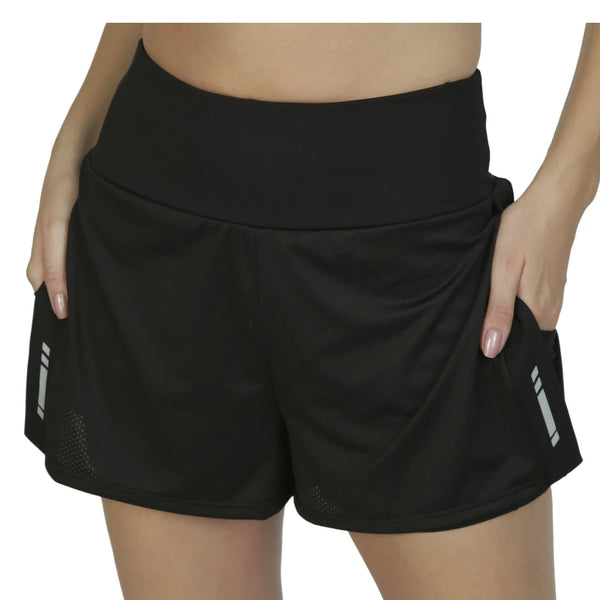 SHORT DEPORTIVO PARA DAMA DE DOBLE CAPA CON BOLSILLOS EN COLOR NEGRO SOLIDO - HIGH IMPACT BASICOS - HIGH IMPACT