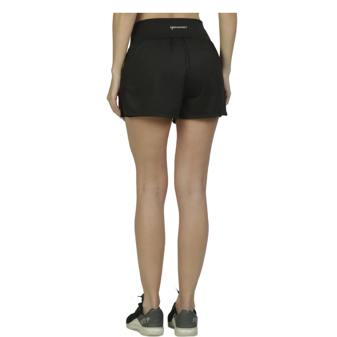 SHORT DEPORTIVO PARA DAMA DE DOBLE CAPA CON BOLSILLOS EN COLOR NEGRO SOLIDO - HIGH IMPACT BASICOS - HIGH IMPACT