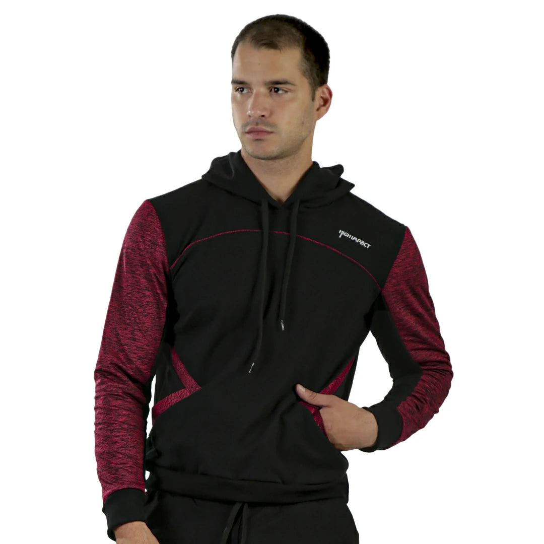 SUDADERA PARA CABALLERO CON BOLSILLOS LATERALES Y CAPUCHA CON JARETA EN COLOR NEGRO/ROJO - HIGH IMPACT