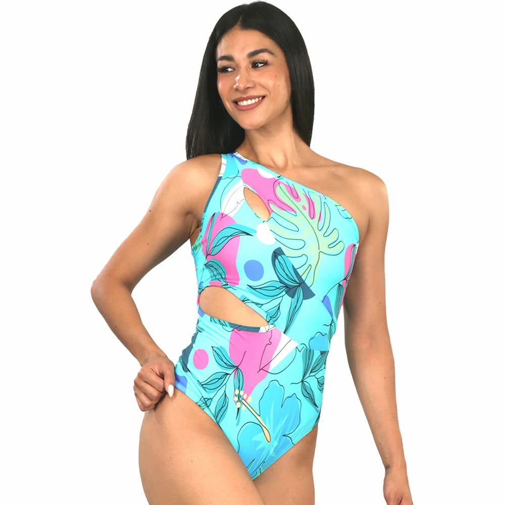Traje de baño estampado hombro asimetrico