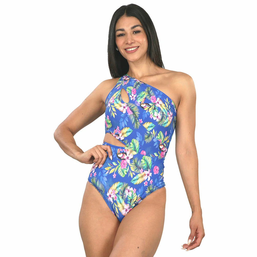Traje de baño estampado hombro asimetrico