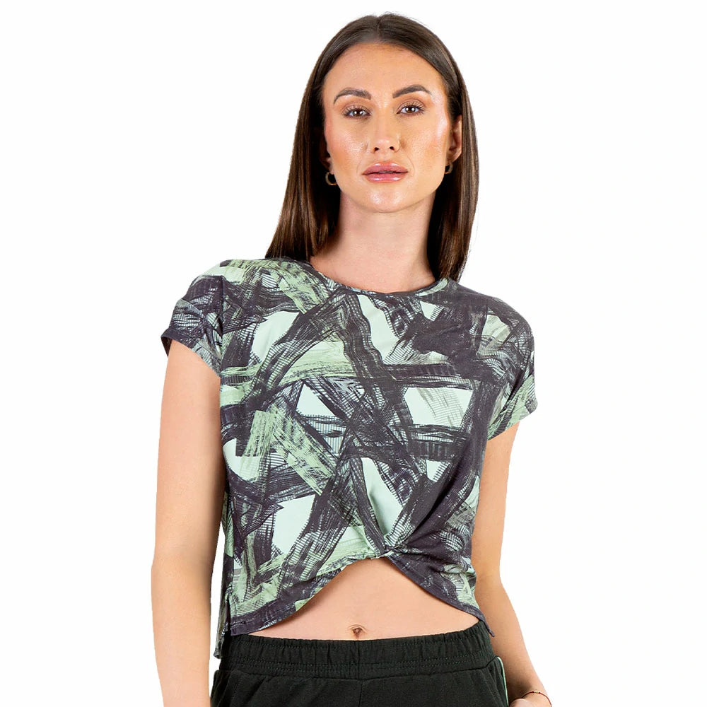 CAMISETA CORTA NEGRA CON VERDE PARA DAMA DE MANGA CORTA CORTE RECTO CON NUDO FRONTAL TACTO SUAVE ULTRA CONFORT - HIGH IMPACT