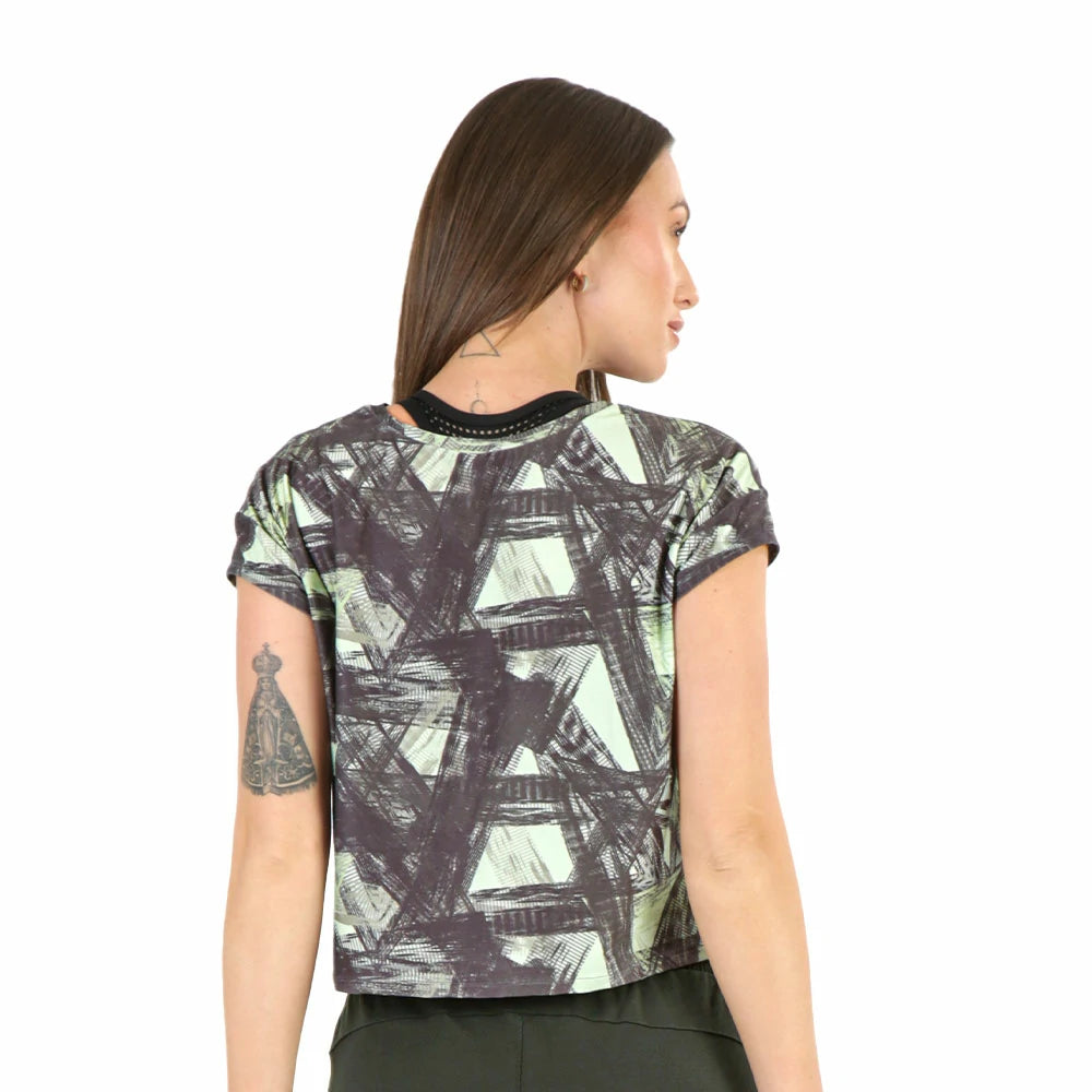 CAMISETA CORTA NEGRA CON VERDE PARA DAMA DE MANGA CORTA CORTE RECTO CON NUDO FRONTAL TACTO SUAVE ULTRA CONFORT - HIGH IMPACT