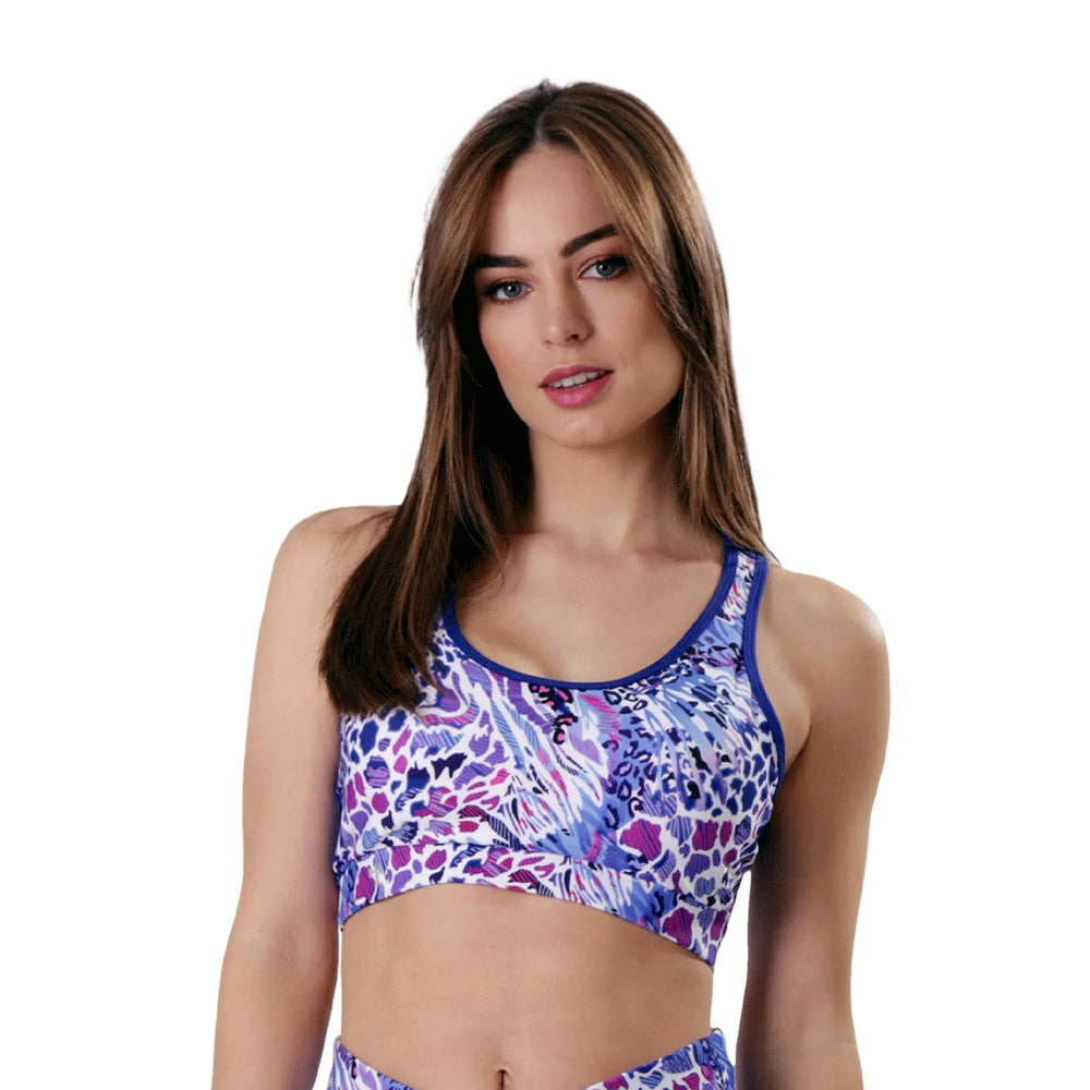 TOP CORTO ESTAMPADO DEPORTIVO PARA DAMA TIRANTE SEMI GRUESO CON SOPORTE MEDIO Y ESCOTE EN ESPALDA BAIAO - HIGH IMPACT
