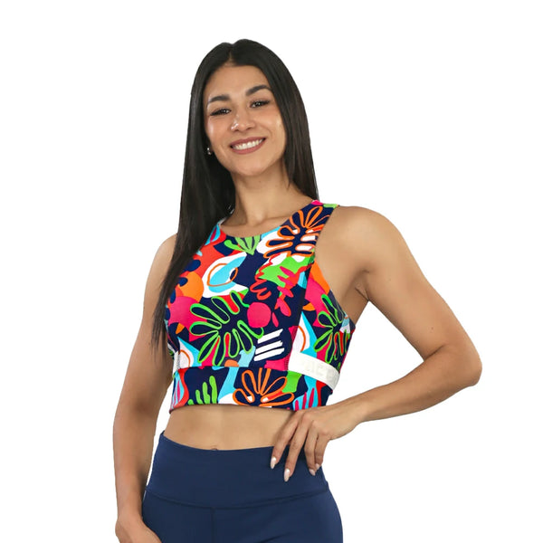 TOP CROP DEPORTIVO PARA DAMA SOPORTE ALTO CON TIRANTES ANCHOS Y ESPALDA CERRADA ESTAMPADO ILHABELA - HIGH IMPACT