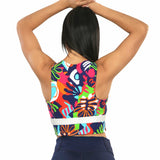 TOP CROP DEPORTIVO PARA DAMA SOPORTE ALTO CON TIRANTES ANCHOS Y ESPALDA CERRADA ESTAMPADO ILHABELA - HIGH IMPACT