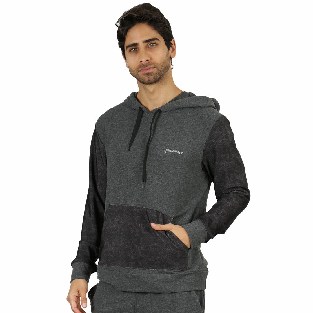 SUDADERA PARA CABALLERO CON BOLSILLO ABDOMINAL Y CAPUCHA CON JARETA EN COLOR GRIS/NEGRO- HIGH IMPACT