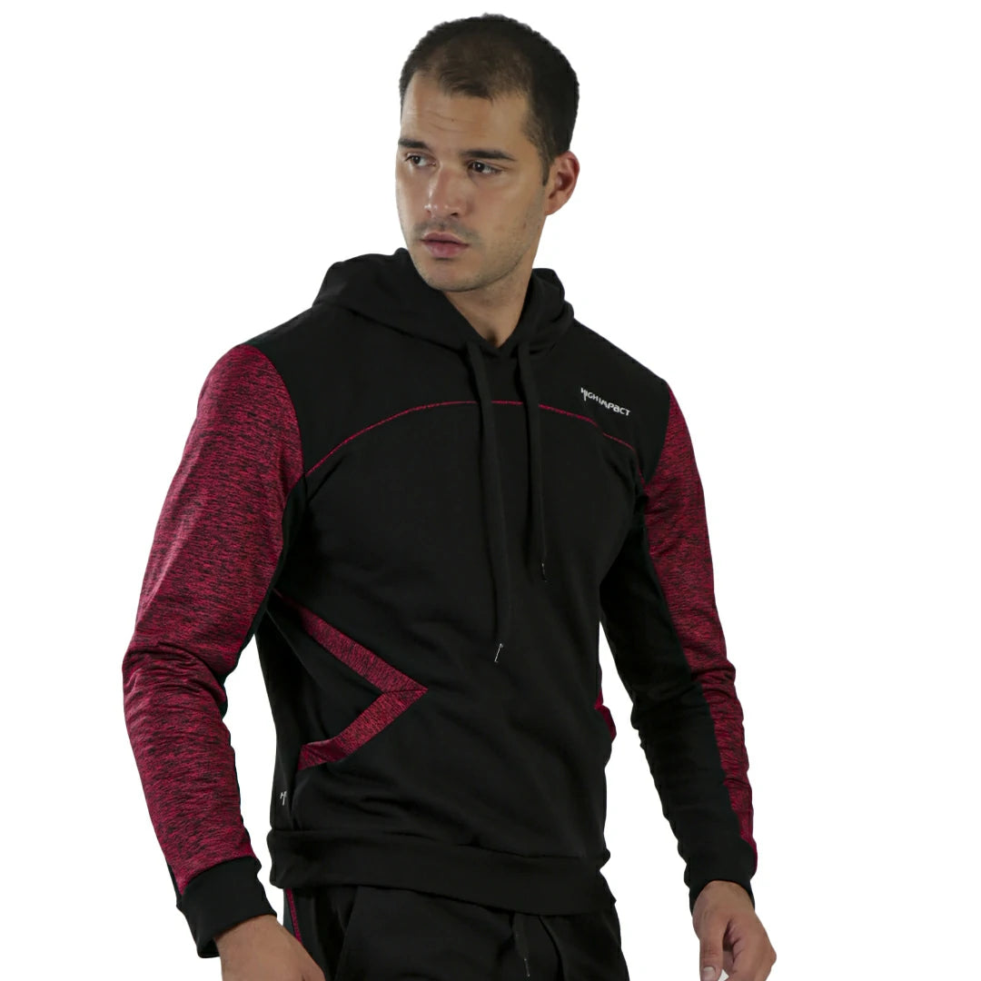 SUDADERA PARA CABALLERO CON BOLSILLOS LATERALES Y CAPUCHA CON JARETA EN COLOR NEGRO/ROJO - HIGH IMPACT