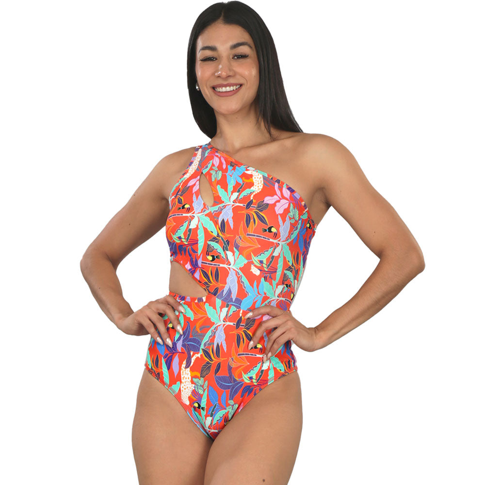 Traje de baño estampado hombro asimetrico