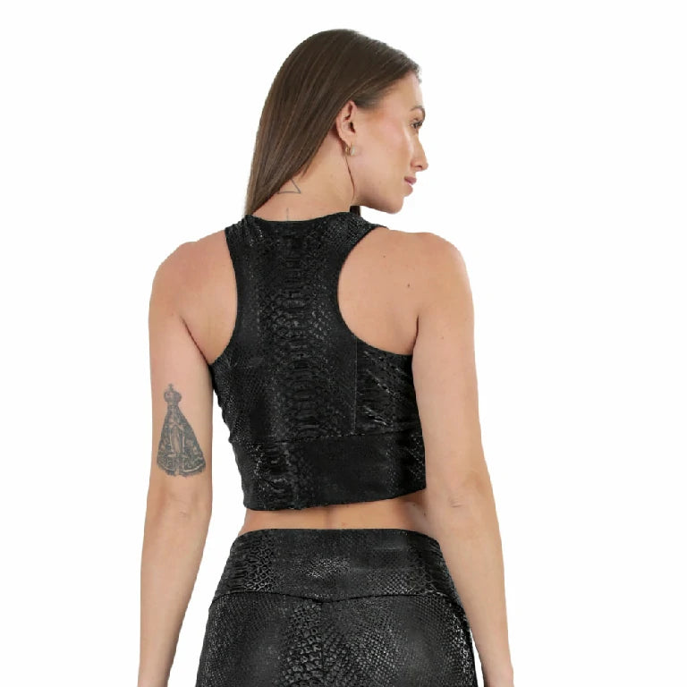 Crop top nero tipo vinipiel especial de navidad