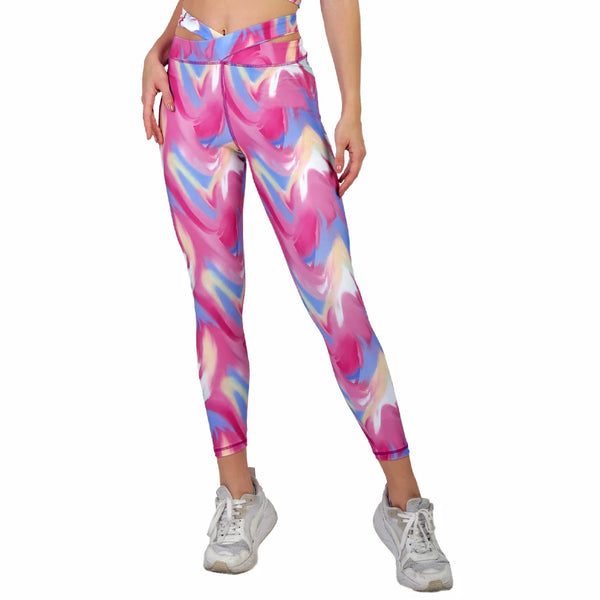 LEGGINGS DEPORTIVOS ROSA ESTAMPADO PARA DAMA CON PRETINA DOBLE PARA CONTROL DE ABDOMEN Y BOLSILLO OCULTO BARREL - HIGH IMPACT