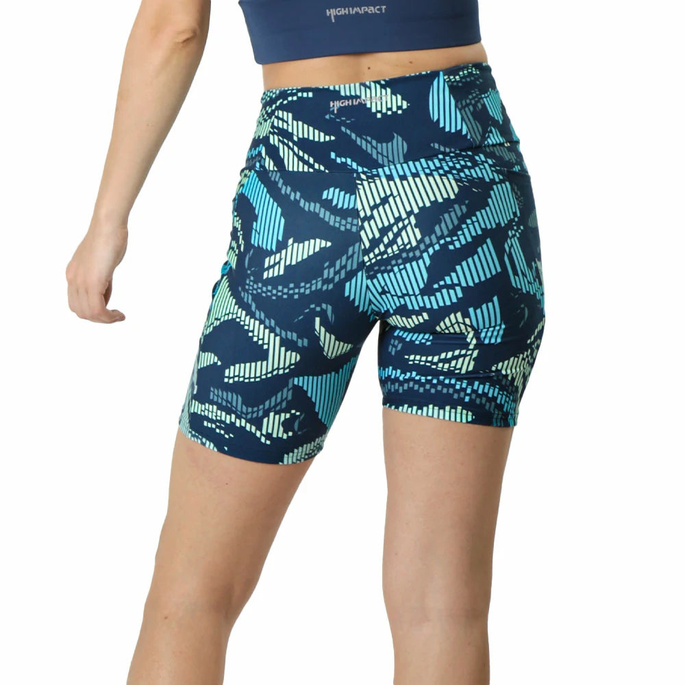 SHORT DEPORTIVO AZUL ESTAMPADO PARA DAMA AJUSTADO CORTE ALTO CONTROL DE ABDOMEN CON BOLSILLOS LATERALES KELVIN - HIGH IMPACT