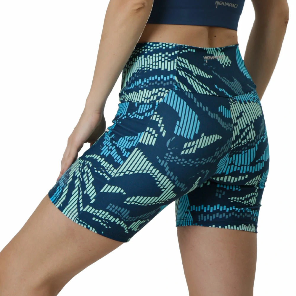 SHORT DEPORTIVO AZUL ESTAMPADO PARA DAMA AJUSTADO CORTE ALTO CONTROL DE ABDOMEN CON BOLSILLOS LATERALES KELVIN - HIGH IMPACT