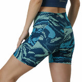 SHORT DEPORTIVO AZUL ESTAMPADO PARA DAMA AJUSTADO CORTE ALTO CONTROL DE ABDOMEN CON BOLSILLOS LATERALES KELVIN - HIGH IMPACT