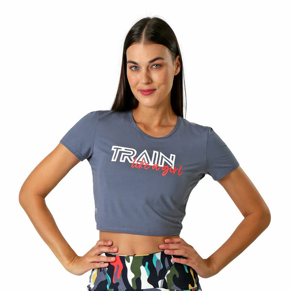CAMISETA CORTA GRIS PARA DAMA MANGA CORTA CON ESCOTE EN ESPALDA CON DECORATIVO IRATI - HIGH IMPACT