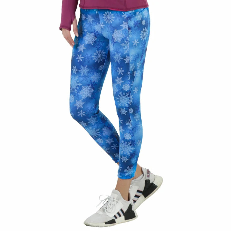 LEGGINGS DEPORTIVOS PARA DAMA ESPECIAL NAVIDEÑO CON ESTAMPADO DE COPOS EN TONOS AZULES - HIGH IMPACT
