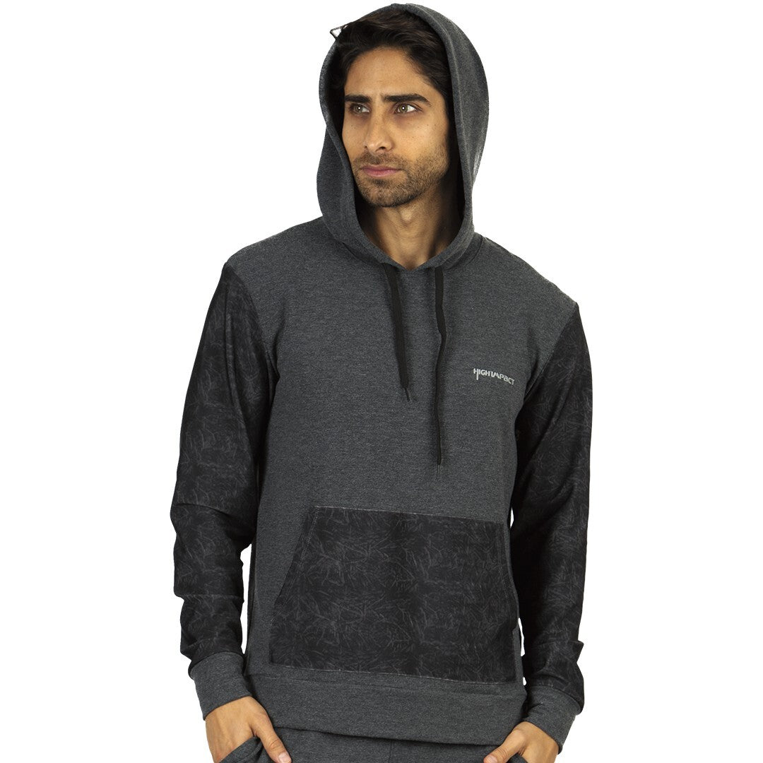 SUDADERA PARA CABALLERO CON BOLSILLO ABDOMINAL Y CAPUCHA CON JARETA EN COLOR GRIS/NEGRO- HIGH IMPACT