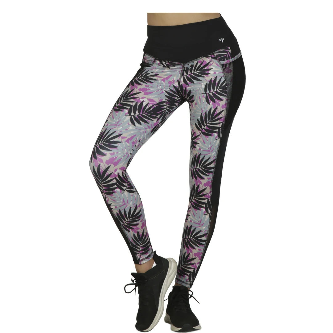 Leggings negros con estampado tropical y paneles en malla WILD