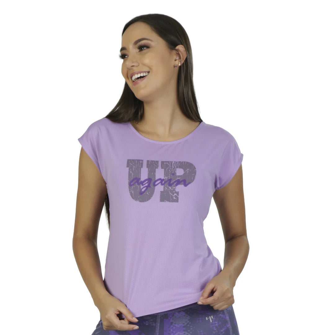 Camiseta lila sin mangas con estampado “UP again” UP AGAIN