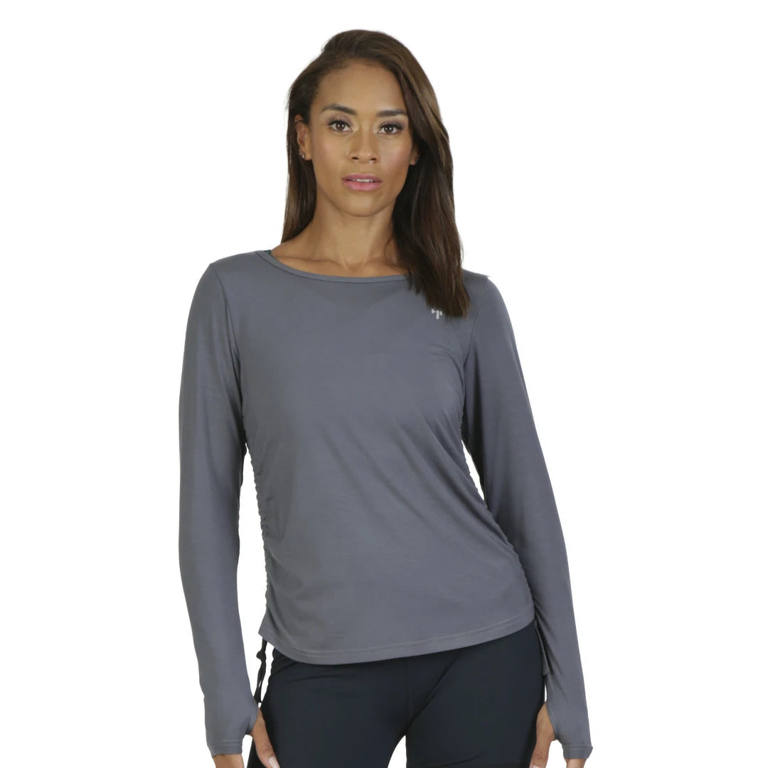 Camiseta gris manga larga con frunces laterales TWIST