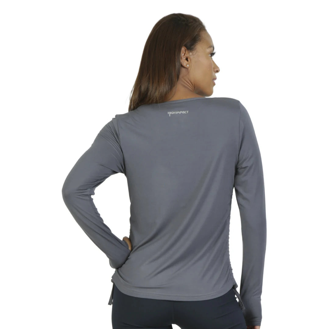 Camiseta gris manga larga con frunces laterales TWIST