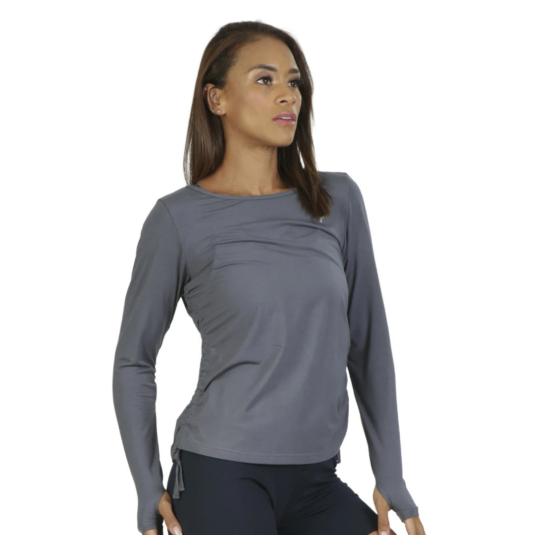 Camiseta gris manga larga con frunces laterales TWIST