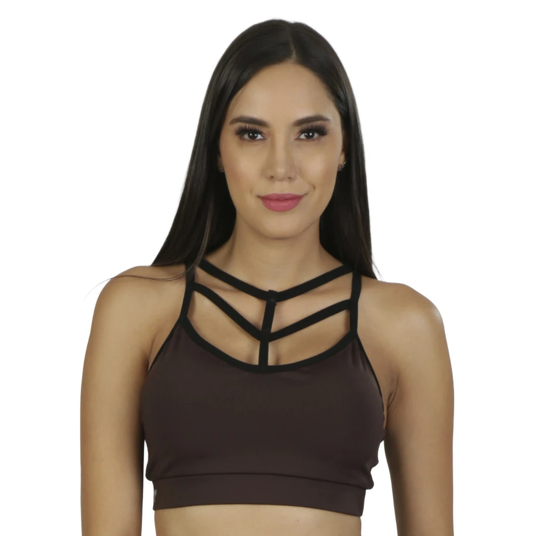TOP CORTO  CAFE DEPORTIVO PARA DAMA SOPORTE MEDIO CON TIRANTES CRUZADOS AL FRENTE Y EN ESPALDA INTER - HIGH IMPACT
