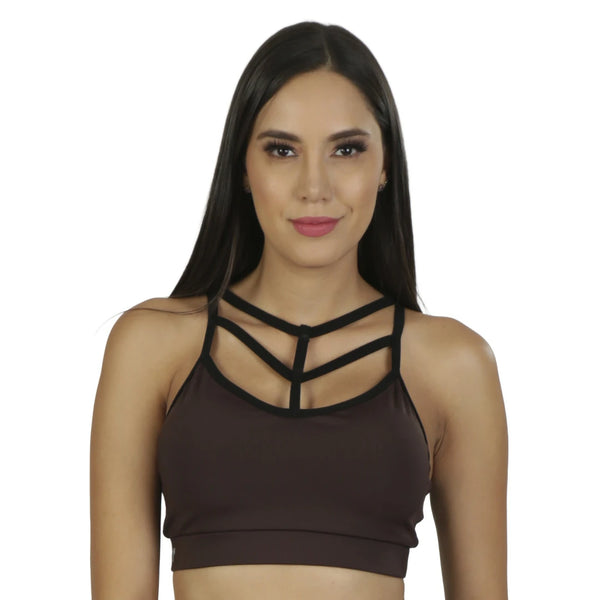 TOP CORTO  CAFE DEPORTIVO PARA DAMA SOPORTE MEDIO CON TIRANTES CRUZADOS AL FRENTE Y EN ESPALDA INTER - HIGH IMPACT