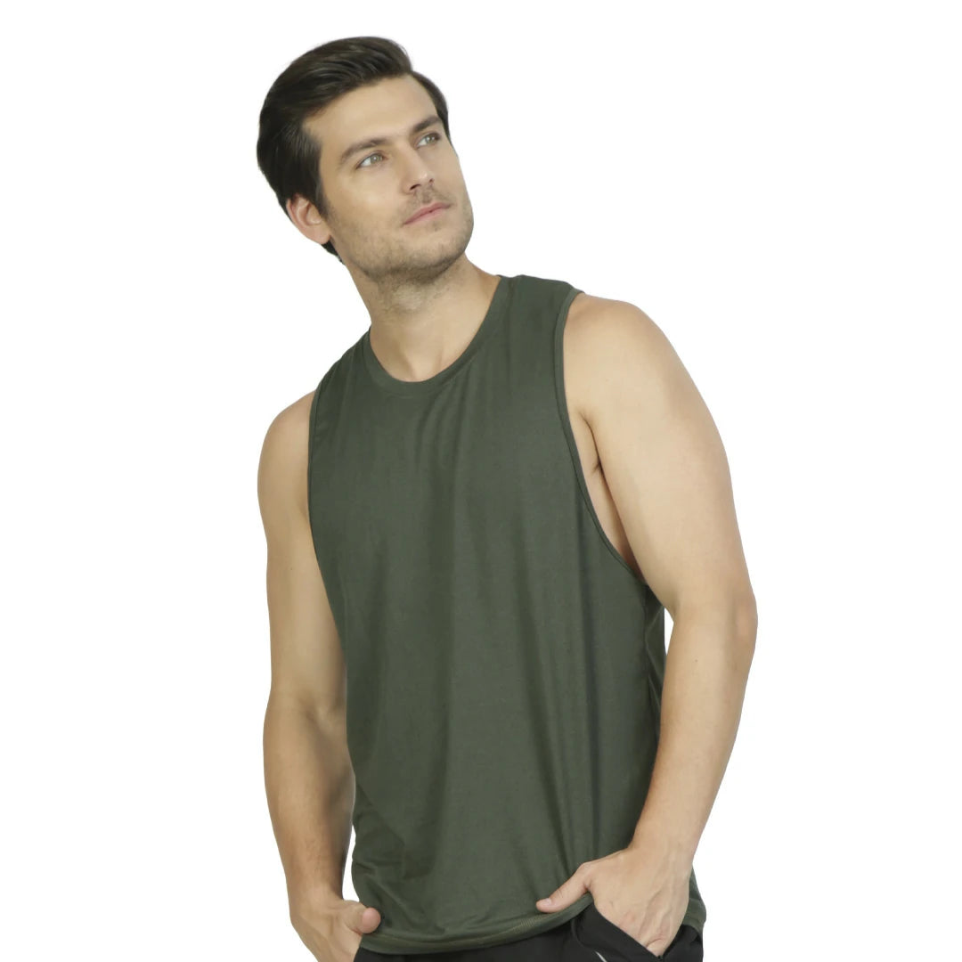 CAMISETA VERDE OLIVO SIN MANGAS PARA CABALLERO CORTE RECTO - HIGH IMPACT